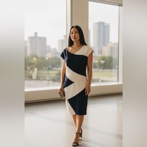 Fifth & Park Modern Color-block Sheath Dress | Navy & Cream | Size 10 EUC